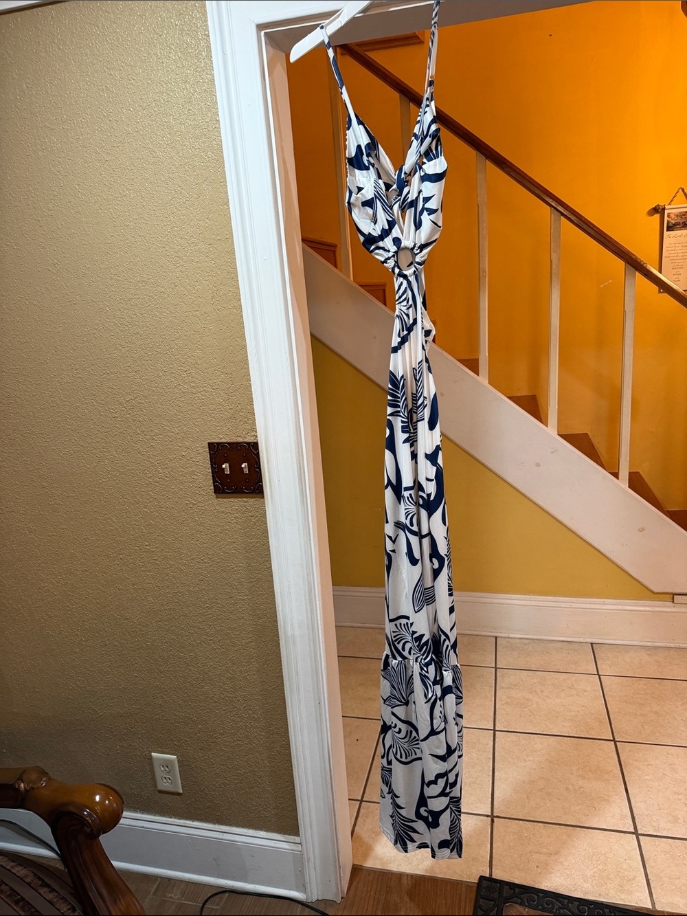 White and Navy Floral Maxi Dress by
